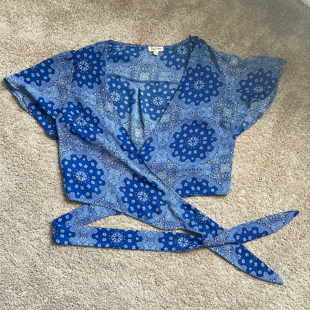 Royal Blue and White Paisley Wrap Blouse